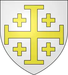 D'argent à la croix de Jérusalem d'or, cantonnée de quatre croisillons du même, qui est du royaume de Jérusalem.