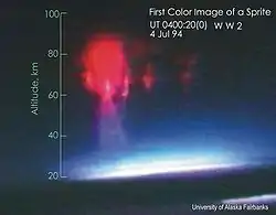 Primera imagen en color de un espectro (NASA/Universidad de Alaska, 1994): el color rojo proviene de las emisiones de nitrógeno fluorescente excitadas por un rayo.