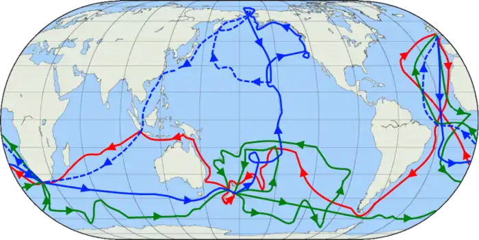 Los tres viajes alrededor del mundo del capitán Cook 1768-1779.