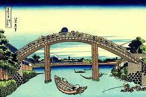 Las treinta y seis vistas del Monte Fuji, placa n°4 : El monte Fuji visto a través del puente Mann en Fukagawa (Fukagawa Mannen-bashi)