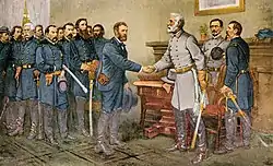 El general Robert E. Lee se rinde formalmente ante el general Ulysses S. Grant el 9 de abril de 1865, poniendo fin a los Estados Confederados de América.