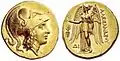 330 a. C. Moneda de Menfis, Egipto. Del lado anverso, la diosa alada Niké