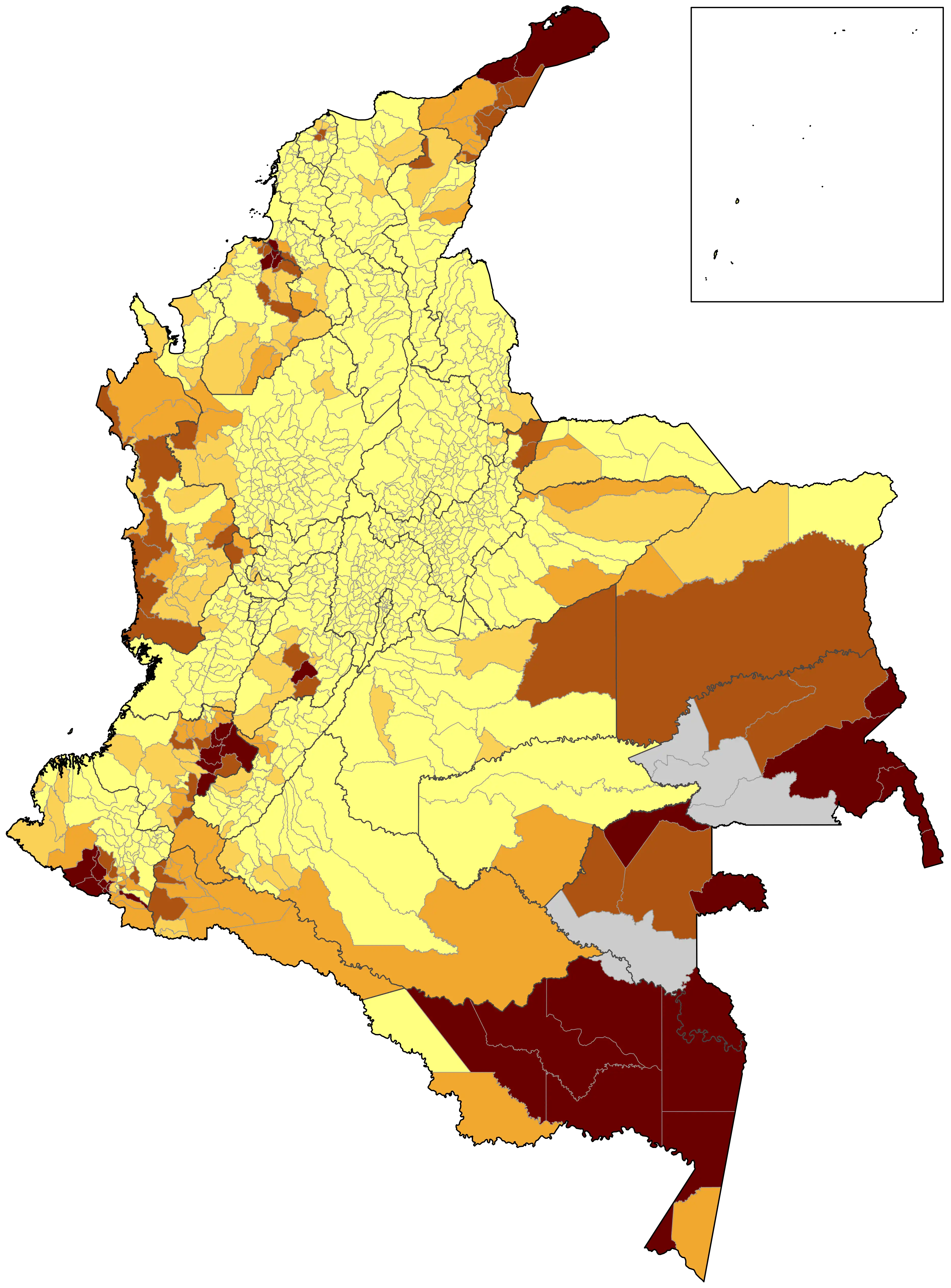 Población amerindia de Colombia por municipio en 2005.&nbsp;&nbsp;&nbsp;&nbsp;&nbsp;61.4% - T100%&nbsp;&nbsp;&nbsp;&nbsp;&nbsp;29.6% - 61.3%&nbsp;&nbsp;&nbsp;&nbsp;&nbsp;11.7% - 29.5%&nbsp;&nbsp;&nbsp;&nbsp;&nbsp;2.9% - 11.6%&nbsp;&nbsp;&nbsp;&nbsp;&nbsp;0% - 2.8%&nbsp;&nbsp;&nbsp;&nbsp;&nbsp;Sin datos