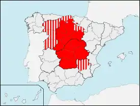 Interpretación de Castilla sobre la división regional y provincial de España de 1833: en rojo aparecen las provincias vinculadas tradicionalmente a Castilla,Azaola, José Miguel de (1972). La regionalización de España. Ediciones de la Revista de Occidente. p. 373.  y la zona rayada pertenece a otras provincias ligadas a Castilla en distintos proyectos y períodos históricos, incluyendo las que pertenecieron a la misma en el período previo al Estado autonómico.Salgado Fuentes, Carlos Javier (2016). La evolución de la identidad regional en los territorios del antiguo Reino de León. Ediciones Universidad de Salamanca. p. 355. ISBN 849012602X. Cantabria y La Rioja pertenecieron a la división denominada Castilla la Vieja entre 1833 y 1982, mientras que la región leonesa ha sido incluida junto a Castilla en diversos proyectos como el decreto de Patricio de la Escosura de 1847, el proyecto federalista de Emilio Castelar en 1873 y el Proyecto de Ley de Francisco Silvela en 1891. Otros proyectos que incluían a la región de León fueron el Pacto Federal Castellano de 1869 y la Mancomunidad Castellana de 1918.