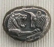 Creseida de plata. Moneda emitida por el rey Creso de Lidia, siglo&nbsp;VI&nbsp;a.&nbsp;C.