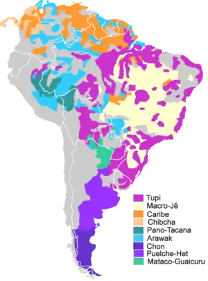 Las principales familias de América del Sur (exceptuando el quechua, aimara, mapudungun y guaraní).