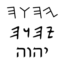 El tetragrammaton (‘cuatro letras’) Yhwh en fenicio (desde el 1100&nbsp;a.&nbsp;C. hasta el 300&nbsp;d.&nbsp;C.), en arameo (desde el siglo X&nbsp;a.&nbsp;C. hasta el siglo I&nbsp;d.&nbsp;C.) y en caracteres hebreos modernos