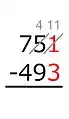 1 − 3 = no es posible.Añadimos un 10 al 1. Debido a que el 10 es «prestado» desde el 5 cercano, el 5 se baja en 1.