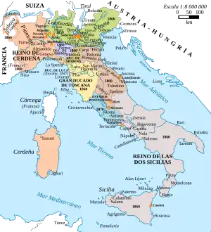 Territorios sucesivamente incorporados al Reino de Italia. En anaranjado pálido, el Reino de Piamonte-Cerdeña, fue el núcleo a partir del cual se incorporan los territorios austriacos (en verde) de Lombardía (1859) y Véneto (1866), el Reino de Nápoles (1860, en gris), los territorios de Italia central (1860, varios colores) y por último, los Estados Pontificios en torno a Roma (1870).