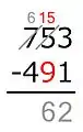 15 − 9 = …Ahora la resta funciona, y escribimos la diferencia debajo de la línea.