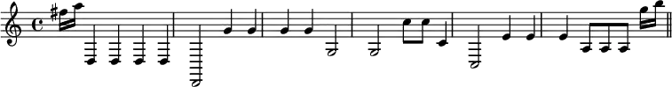 {fis''16[ a''16]  d4 d d d d,2 g'4 g' g' g' g2 g c''8 c'' c'4 c2 e'4 e' e' a8[ a a] g''16[ b''] \bar "||"}